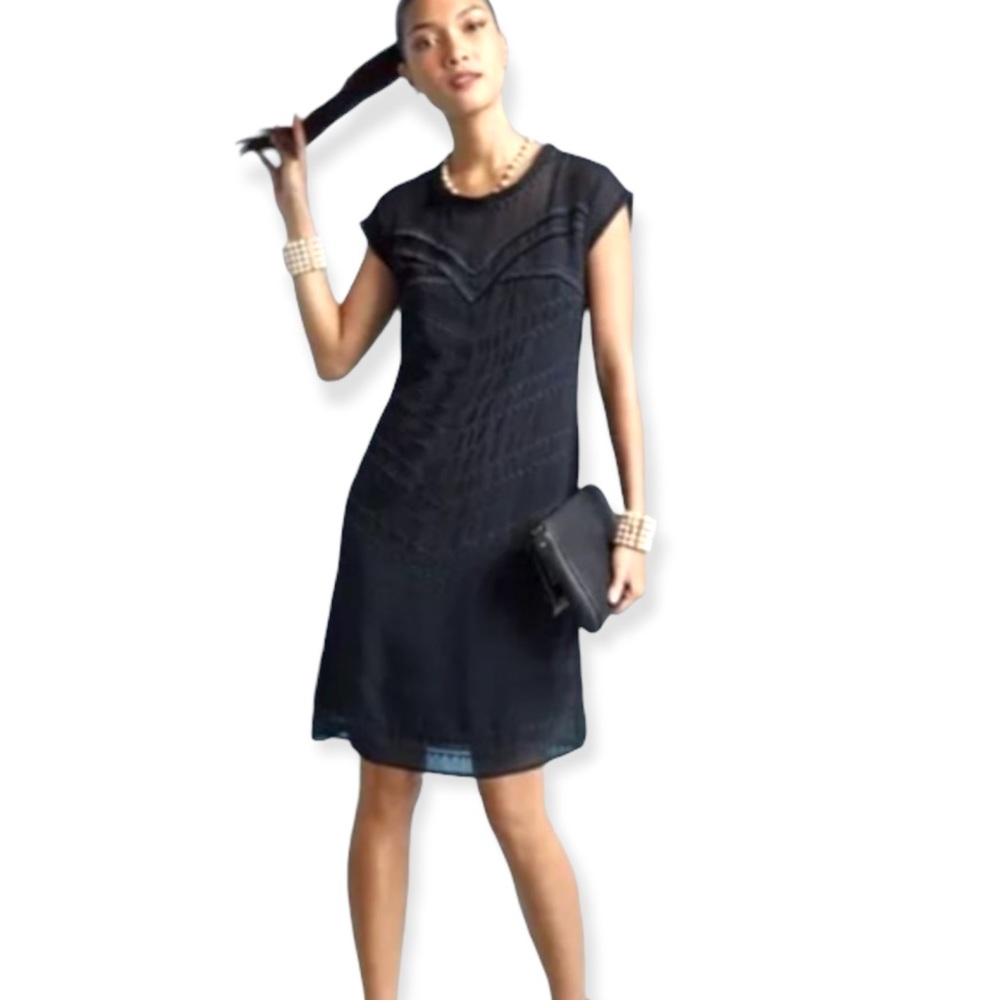 Cabi #3513 modern boyish embroidered detail shift slip dress w/ fringy detail